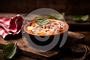 Traditional lasagne in a casserole dish