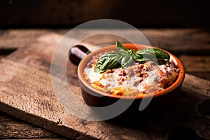 Traditional lasagne in a casserole dish