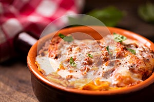 Traditional lasagne in a casserole dish