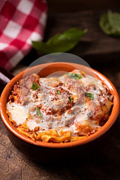 Traditional lasagne in a casserole dish