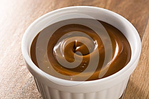 Traditional Latin American dulce de leche or manjar on wooden background. photo