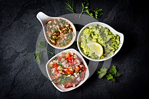 Traditional Latin American sauces Guacamole, Salsa, chili Pebre, slate background photo