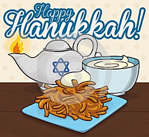 Traditional Latke and Sauce next to Oil Lamp for Hanukkah, Vector Illustration