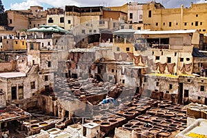 Traditional leather production in old city Fes, Morocco