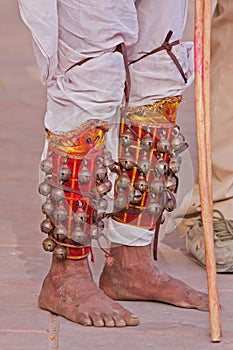 Traditional leg bells worn by an intinerant musician in Rajasthan