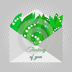 Traditional letter of thanks. Postcard bouquet of forest lilies of the valley, thanks for you. Vector illustration on light