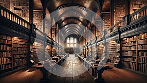 Traditional Library Interior with Arched Ceiling and Wooden Bookshelves