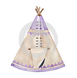 Traditional light brown tipi with wooden poles and cover, decorated with pastel purple triangle ornament.
