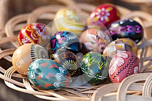 Traditional Lithuanian wooden colorful Easter eggs in a wicker basket