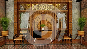 Traditional Living Room Interior in carved teak wood, with exposed walls. 3D Animation