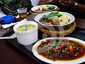 Traditional local and fusion chinese food set cuisine Shantou or Swatow style on dish plate for served guest customer at