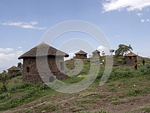 Traditional lodges are located on the slopes, Lalibela, Ethiopia