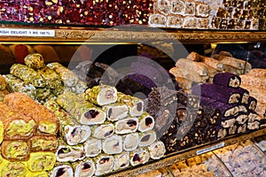 Traditional lokum rolls a sweet dessert turkish delights, pastry with different flavours and fillings: pistachios, walnut. Fre