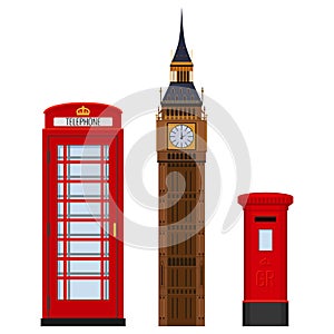 Traditional London sightseeing set vector illustration isolated on white.