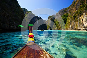 Traditional longtail boat in Maya bay on Koh Phi Phi Leh Island, Krabi, Thailand