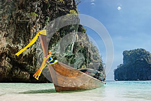 Traditional longtail boats in the famous Maya bay of Phi-phi Leh island