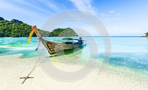 Traditional longtail boats parking, Andaman Sea, Phi Phi island, Krabi, Thailand