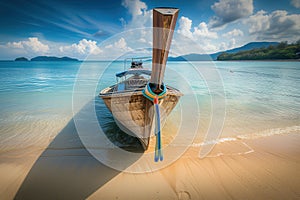 A traditional longtail wooden boat on tropical seascape beach at sea