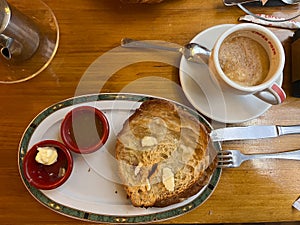 Traditional Madrid breakfast with coffee with milk