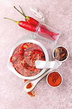 Traditional Maghrebi hot chili pepper sauce paste harissa. adjika