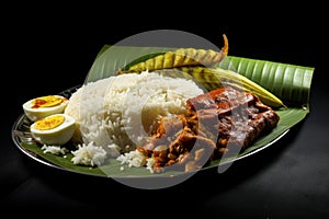Traditional malaysian nasi lemak plate