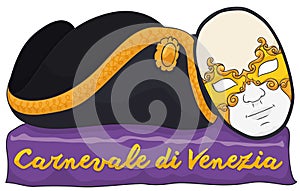 Traditional Male Volto Mask and Tricorn for Carnival of Venice, Vector Illustration