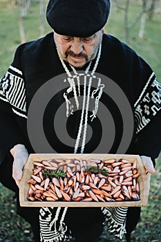Traditional man holding a rustic wooden trough with chilean pine nuts, pehuen, araucaria tree fruit. Wool poncho photo