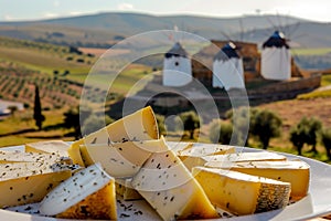 Traditional Manchego Cheese Platter Overlooking the Iconic Windmills of Consuegra, Ideal for Culinary and Travel Themes