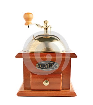 Traditional manual wooden coffee grinder isolated