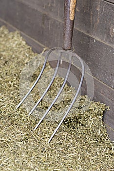 Traditional manure fork on a bale of cattle feed