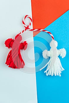 Traditional Martisor - symbol of holiday 1 March, Martenitsa, Baba Marta, beginning of spring and seasons changing in Romania,