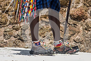 Traditional Masai Outfit shoes and decoration. Souvenirs shop in Diani Beach Kenya and Kendwa Zanzibar