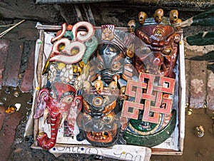 Traditional masks of Nepal. Local art and craft stall in Kathmandu