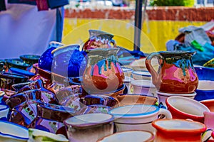 Traditional mayan glasses, made of adobe and painted in different colors, photo