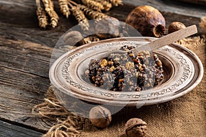 traditional meal in eve Christmas Kutya. Kutia Boiled wheat porridge. Slavic holiday ritual dish, top view