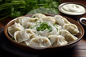 Traditional Meat dumplings pelmeni bowl. Generate ai