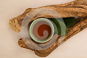 Ayahuasca drink, leaves and wood