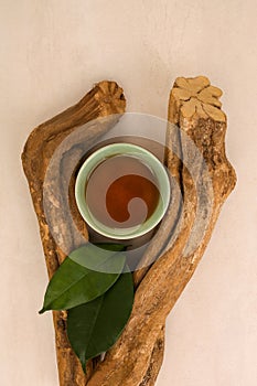 Ayahuasca drink, leaves and wood photo