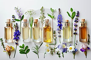 Traditional medicine and cologne resins in perfume  aroma of female essence with wellness vial photo