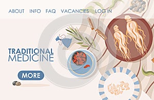 Traditional medicine vector flat landing page template with text space. Plates with different roots, herbs, and seeds.