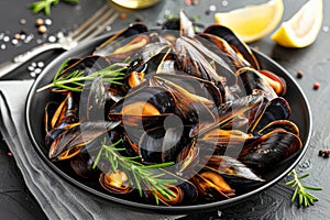 Traditional mediterranean grilled mussels on black plate delicious seafood dish