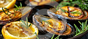 Traditional mediterranean grilled mussels on elegant black plate, exquisite seafood dish