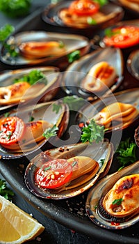 Traditional mediterranean grilled mussels elegantly served on refined black plate