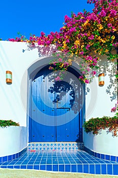 Traditional Mediterranean house with a stone fence and a large blue door decorated with flowering plants. Front view