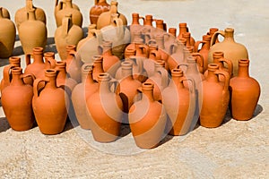 Traditional Mediterranean jugs, close up.