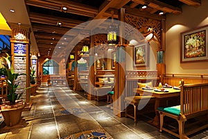 Traditional Mediterranean restaurant interior with elegant wood finishes