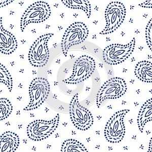 Traditional Medium Scale Blue Paisley Foulard Vector Seamless Pattern. Whimsical classic background.