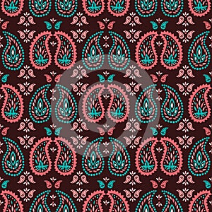 Traditional Medium Scale Colorful Paisley Foulard Vector Seamless Pattern. Oriental Whimsical classic background