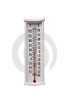 Traditional mercury thermometer displaying temperature in fahrenheit and celsius on a white background