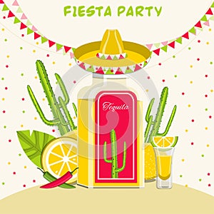 Traditional mexican alcoholic drink Tequila. Mexican fiesta party vector illustration